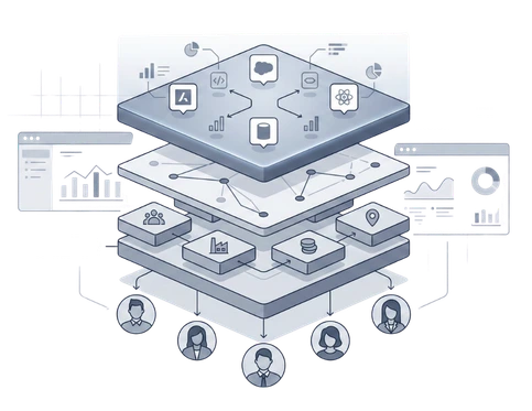 Layered illustration showing technographics data insights stacked above firmographic attributes to reveal B2B buying behaviour.